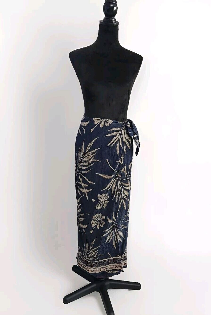 Vtg Due per due & Navy Hawaiian Crinkle silk Faux Wrap Maxi Skirt Size 14